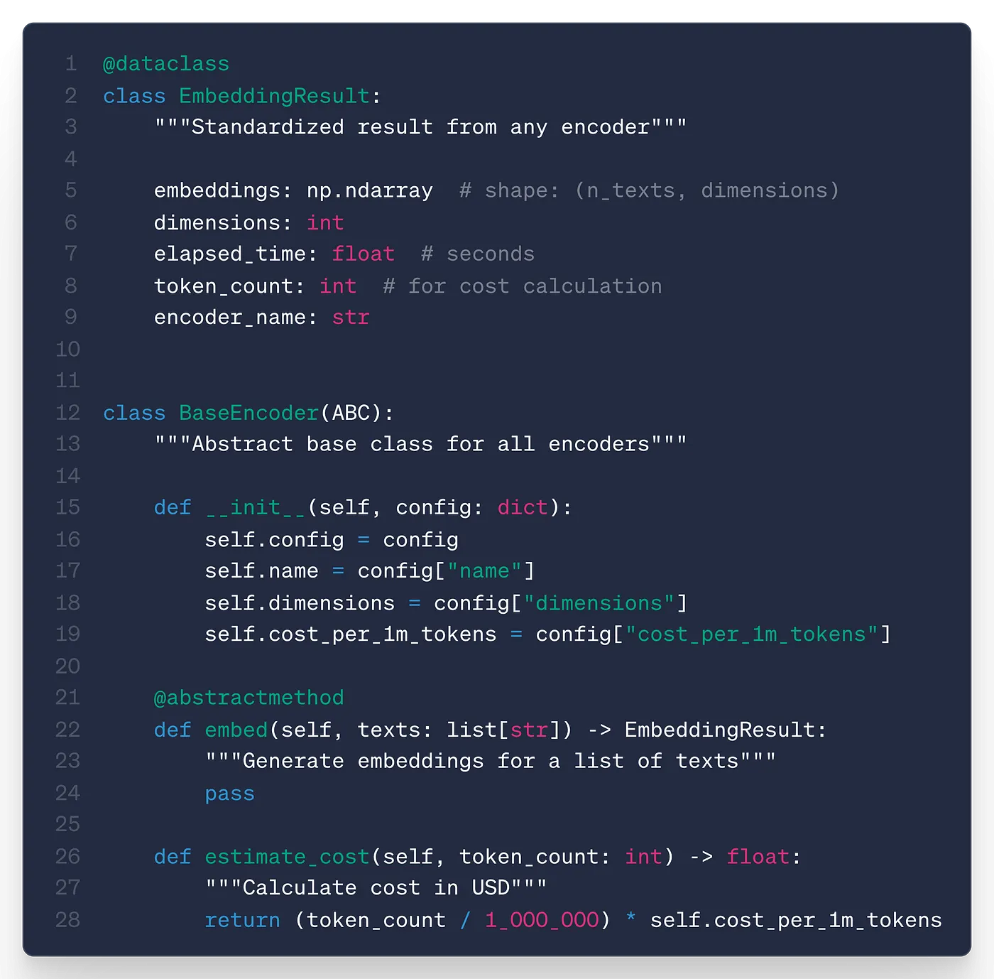 Encoder abstraction code: a unified interface so swapping models is a config change, not a refactor.